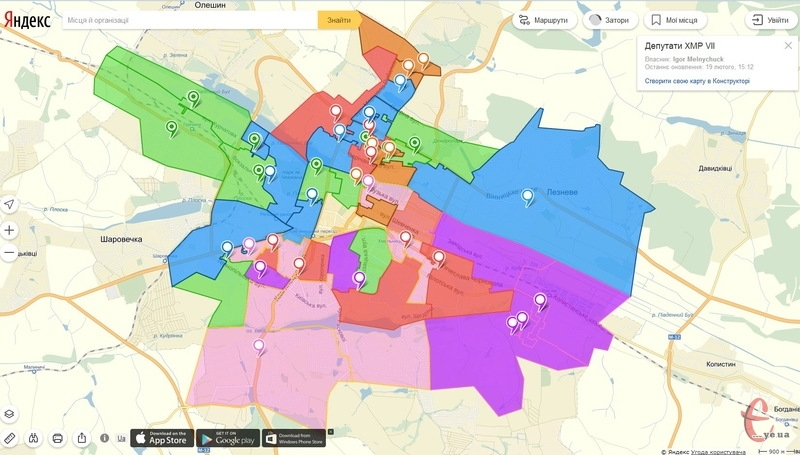Ось так виглядає мапа, на якій можна дізнатися, хто з депутатів Хмельницької міської ради закріплений на певному окрузі