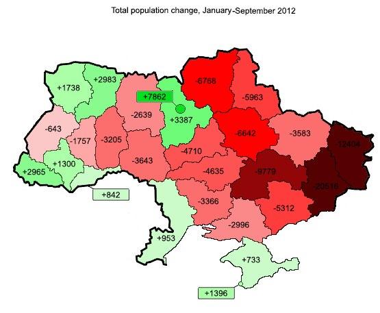 На карті чітко видно ситуацію з природним рухом населення загалом по Україні.