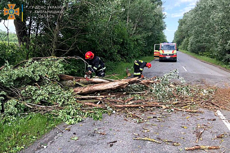 2 червня через сильні пориви вітру на Хмельниччині в різних місцях дерева опинялася на дорозі, що заважало руху транспорту